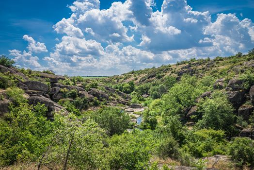 Granite Arbuzinka Rocks in the canyon near the Aktovo village, on the Mertvovod river in Ukraine. One of natural wonders of Europe.