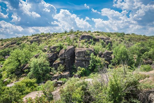 Granite Arbuzinka Rocks in the canyon near the Aktovo village, on the Mertvovod river in Ukraine. One of natural wonders of Europe.