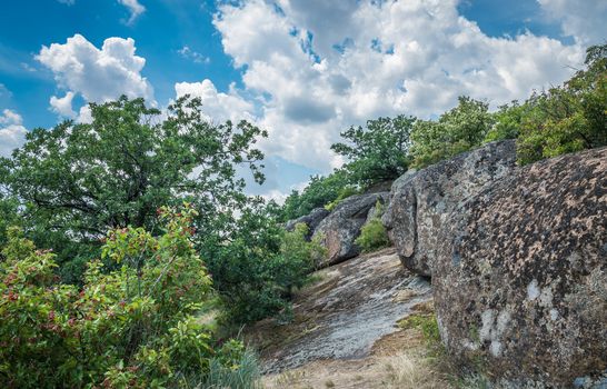 Granite Arbuzinka Rocks in the canyon near the Aktovo village, on the Mertvovod river in Ukraine. One of natural wonders of Europe.