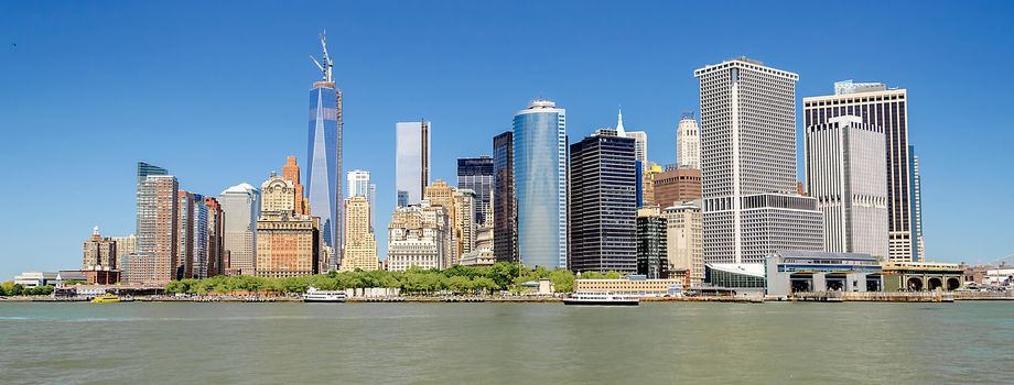 View of modern skyscrapers in lower Manhattan, New York City, USA. Concept for business, finance, real estate