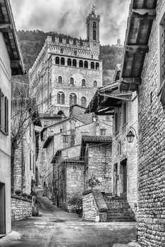 View of Palazzo dei Consoli, a medieval building in Gubbio, Umbria, central Italy. It is house to the local Civic Museum