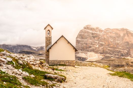Small mountain chapel, Cappella degli Alpini, at Tre Cime di Lavaredo, Dolomites, Italy.