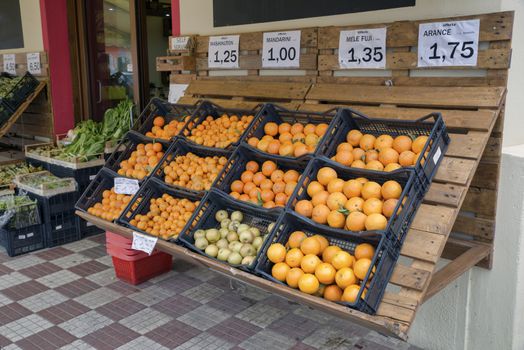 grocery stall on sardinia with leeks, artichokes, cabbage, fennel and eggplants and lot of orange fruit