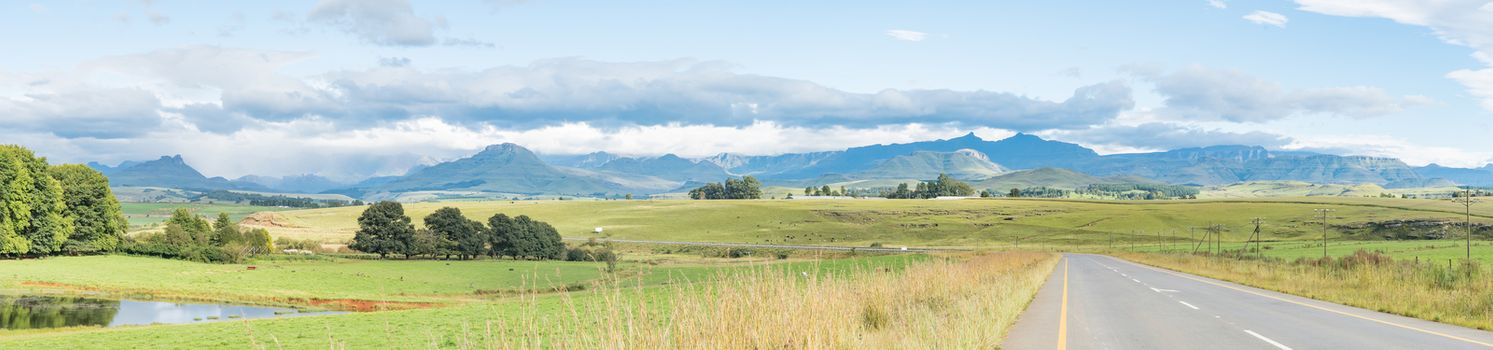 Panoramic landscape on the P317-road to Garden Castle in the Drakensberg near Underberg in the Kwazulu-Natal Province