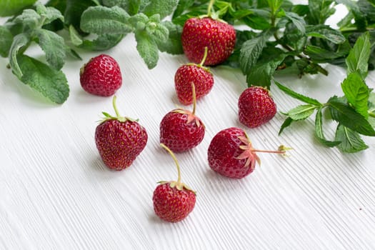 Red strawberries with green herbal mix of fresh mint and melissa herbs on white wooden background