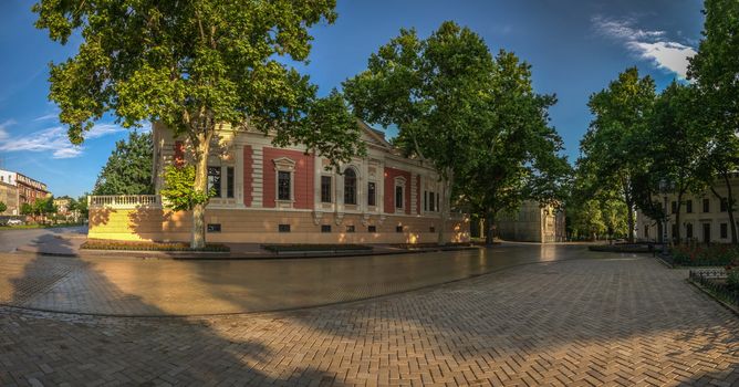 ODESSA, UKRAINE - 06.06.2018. Square near the city hall of Odessa. Primorsky Boulevard in a summer morning. Panorama view.