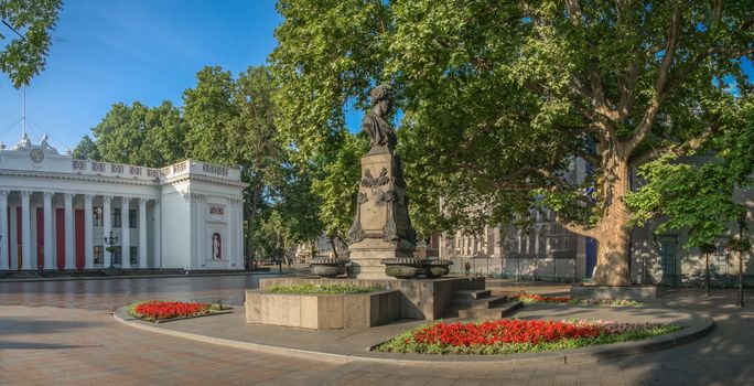 ODESSA, UKRAINE - 06.06.2018. Square near the city hall of Odessa and the monument to Pushkin. Primorsky Boulevard in a summer morning. Panorama view.