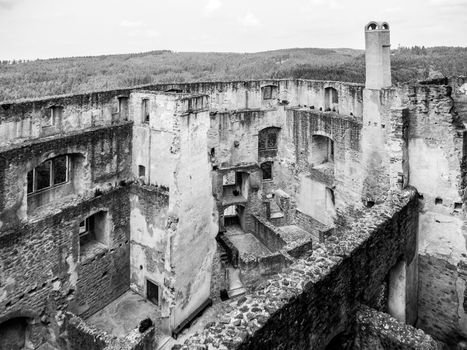 Landstejn Castle Ruins. View of ruined walls from castle tower. Black and white image.