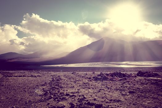 sunset on laguna Honda in sud Lipez Altiplano reserva Eduardo Avaroa, Bolivia