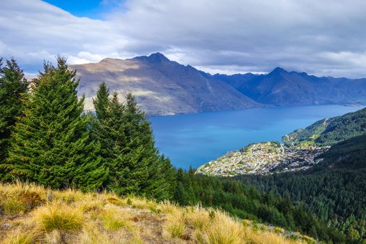 Lake Wakatipu and Queenstown aerial view, New Zealand