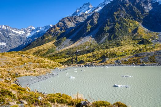 Hooker lake in Aoraki Mount Cook national park, New Zealand