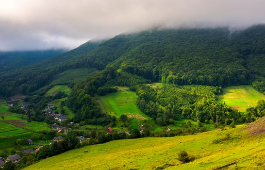 Abranka village in Carpathian mountains. lovely rural scenery on a cloudy sunrise. 