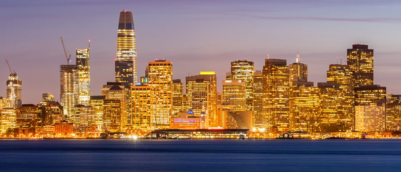 San Francisco downtown skyline at dusk from Treasure Island, California, sunset, USA. Panorama