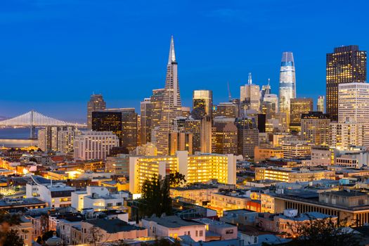 San Francisco downtown skyline Aerial view at sunset from Ina Coolbrith Park Hill in San Francisco, California, USA.