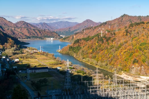 Autumn fall foliage Koyo in Tagokura dam Tadami city Fukushima Japan 