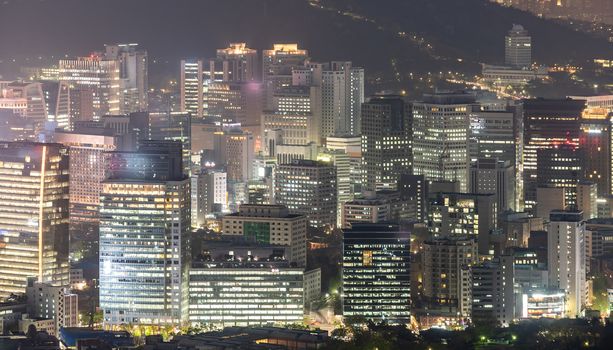 Aerial Sunset and Night view of Seoul Downtown cityscape with Seoul Tower in South Korea