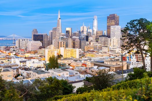 San Francisco downtown skyline Aerial view at sunset from Ina Coolbrith Park Hill in San Francisco, California, USA.