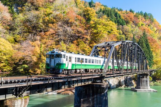 Autumn fall foliage Fukushima Tadami Black Bridge View Point in Fukushima Japan