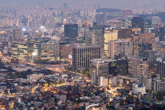 Aerial Sunset and Night view of Seoul Downtown cityscape with Seoul Tower in South Korea