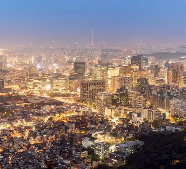 Aerial Sunset and Night view of Seoul Downtown cityscape with Seoul Tower in South Korea