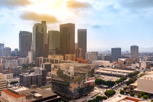 Aerial Los Angeles downtown skyscrapes in Los Angeles Californai USA