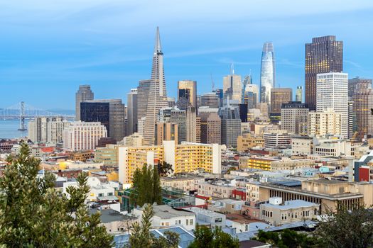 San Francisco downtown skyline Aerial view at sunset from Ina Coolbrith Park Hill in San Francisco, California, USA.