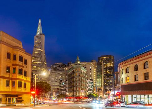 San Francisco downtown skyline at dusk from china townl in San Francisco, California, USA.