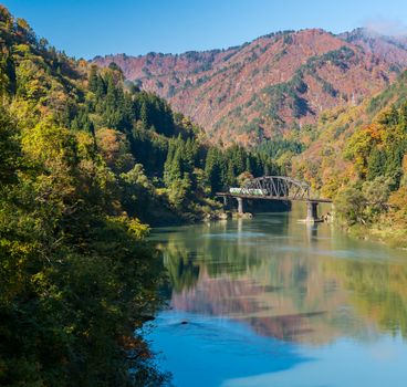 Autumn fall foliage Fukushima Tadami Black Bridge View Point in Fukushima Japan