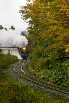steam locomotive in autumn forest at Fukushima Japan