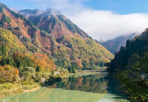 Autumn fall foliage Koyo in Tadami Region Fukushima Japan