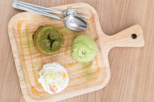 green tea lava cake with ice cream and green tea sauce