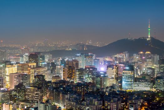 Aerial Sunset and Night view of Seoul Downtown cityscape with Seoul Tower in South Korea