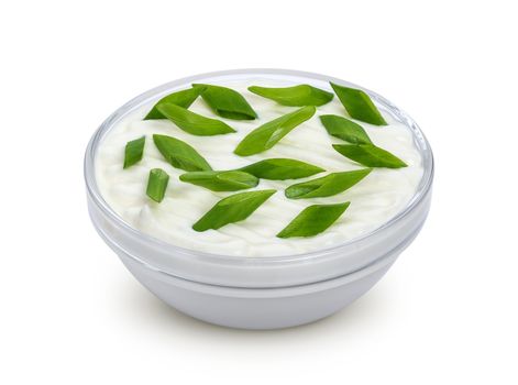 Sour cream and green onion isolated on white background with clipping path