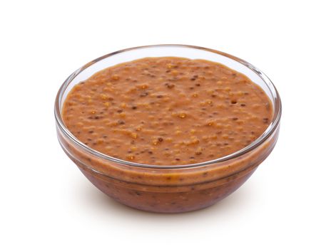 Sweet Bavarian mustard in bowl isolated on white background with clipping path