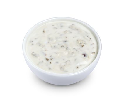 Sour cream with mushrooms. Mushroom sauce in bowl isolated on white background with clipping path