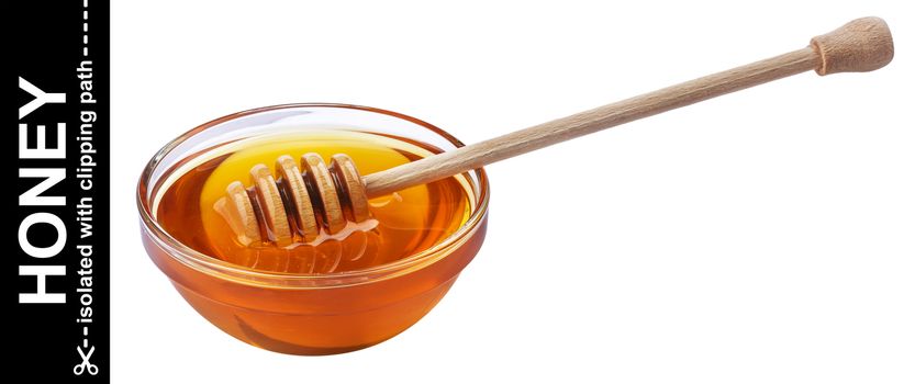 Honey stick and bowl of honey isolated on white background with clipping path