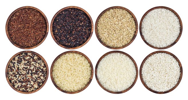 Rice collection isolated on white background. Top view, clipping path