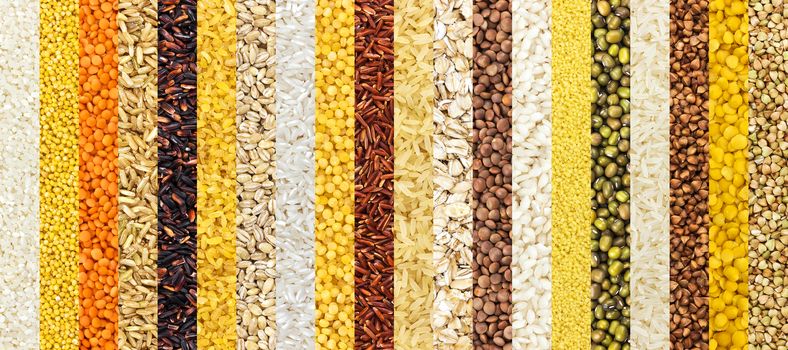 Big Collection of different groats backgrounds, cereals textures collection. Closeup