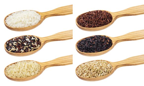Rice collection. Different types of rice in wooden spoons isolated on white background. Clipping path