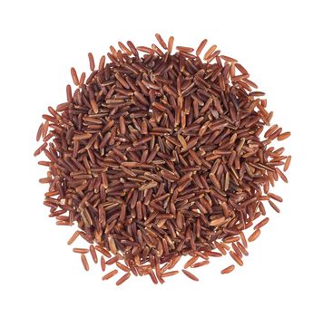 Pile of red rice groats isolated on white background. Top view. One of the collection