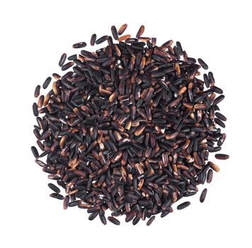 Pile of black rice groats isolated on white background. Top view. One of the collection