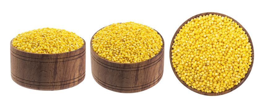 Millet in wooden bowl isolated on white background with clipping path