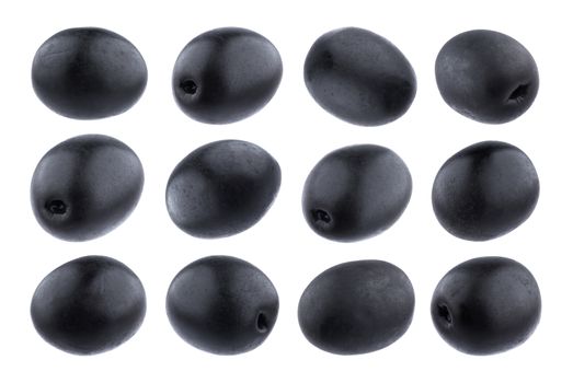 Olives collection. Black olive isolated on white background with clipping path, close up