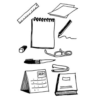 freehand sketch illustration of Office business stationery set. working tools, Notebook set, doodle hand drawn