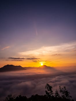 Beautiful landscape of sea of fog on Phu Thok Mountain at Chiang Khan ,Loei Province in Thailand. Sunrise in the morning.