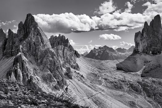 Valley in Dolomite Alps, black and white landscape