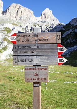 Singpost in the Dolomite mountains, Northern Italy