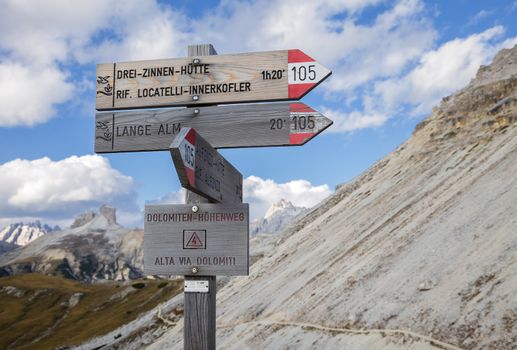 Singpost in the Dolomite mountains, Northern Italy