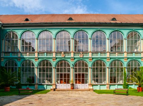 Courtyard with glazed windows of renaissance chateau in Dacice, Czech Republic.