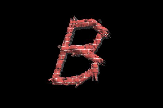 The letter B in 3D against black background in the old brick rendering